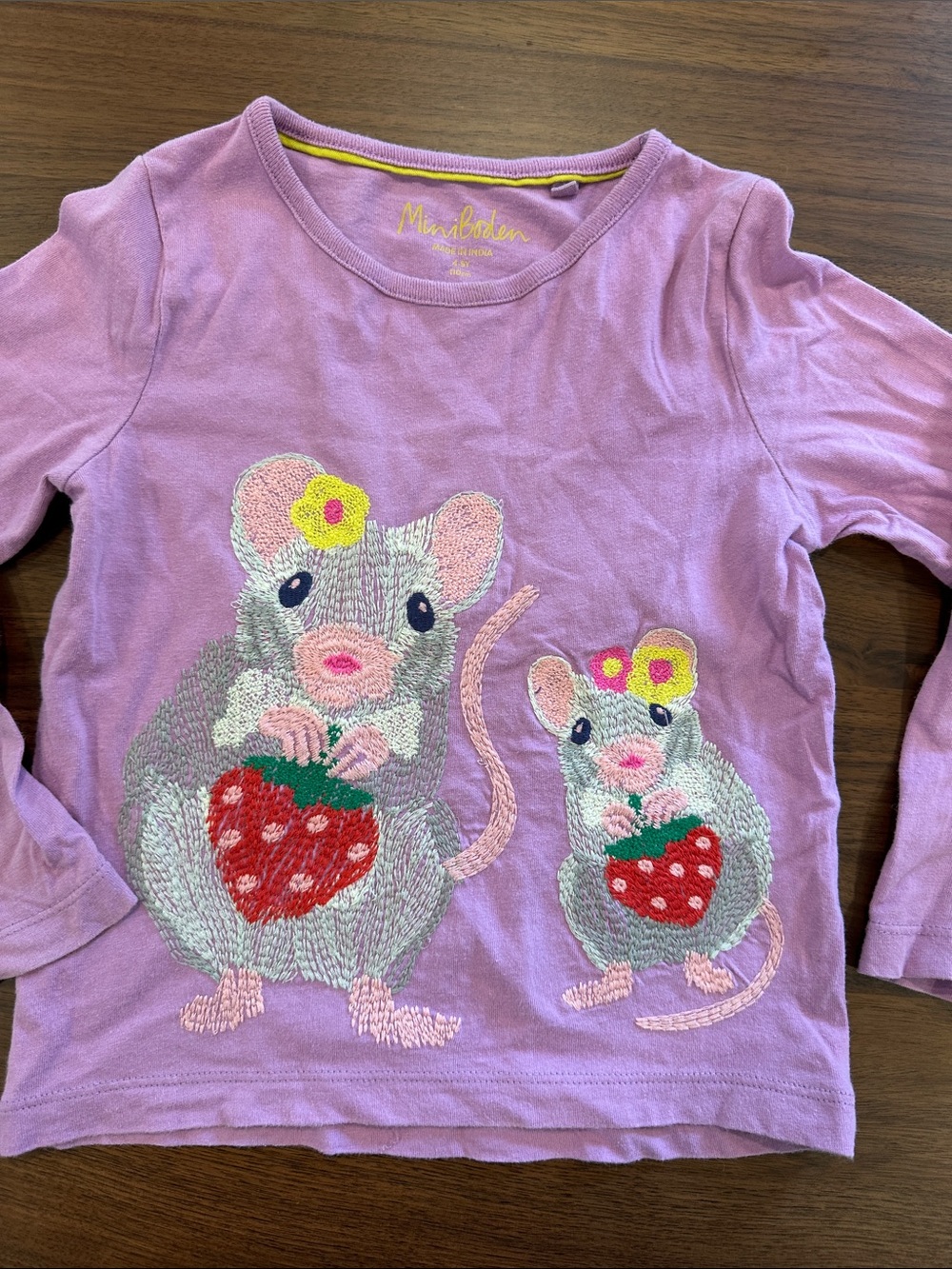 Mini Boden Lavender Long Sleeve Top with Embroidered Mice & Strawberries